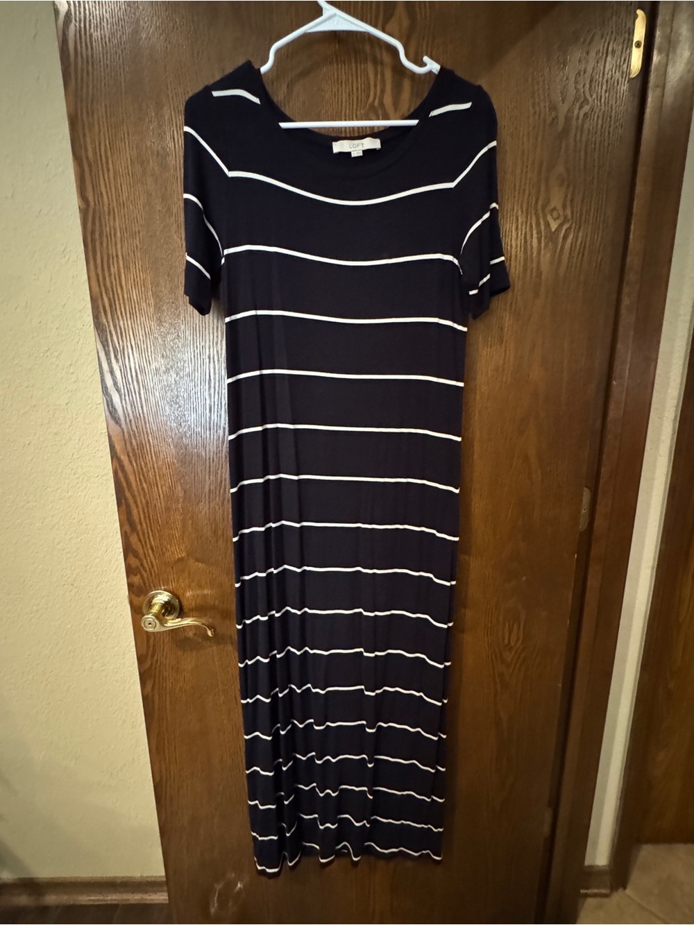 LOFT Navy and White Striped Short-Sleeve Maxi Dress